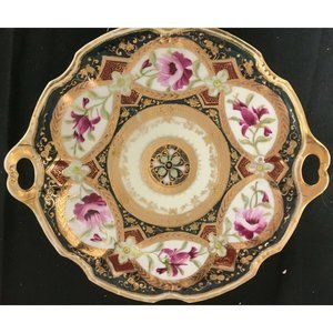 9½" Royal Kinran Nippon Platter with Handles with Pink and Magenta Flowers
